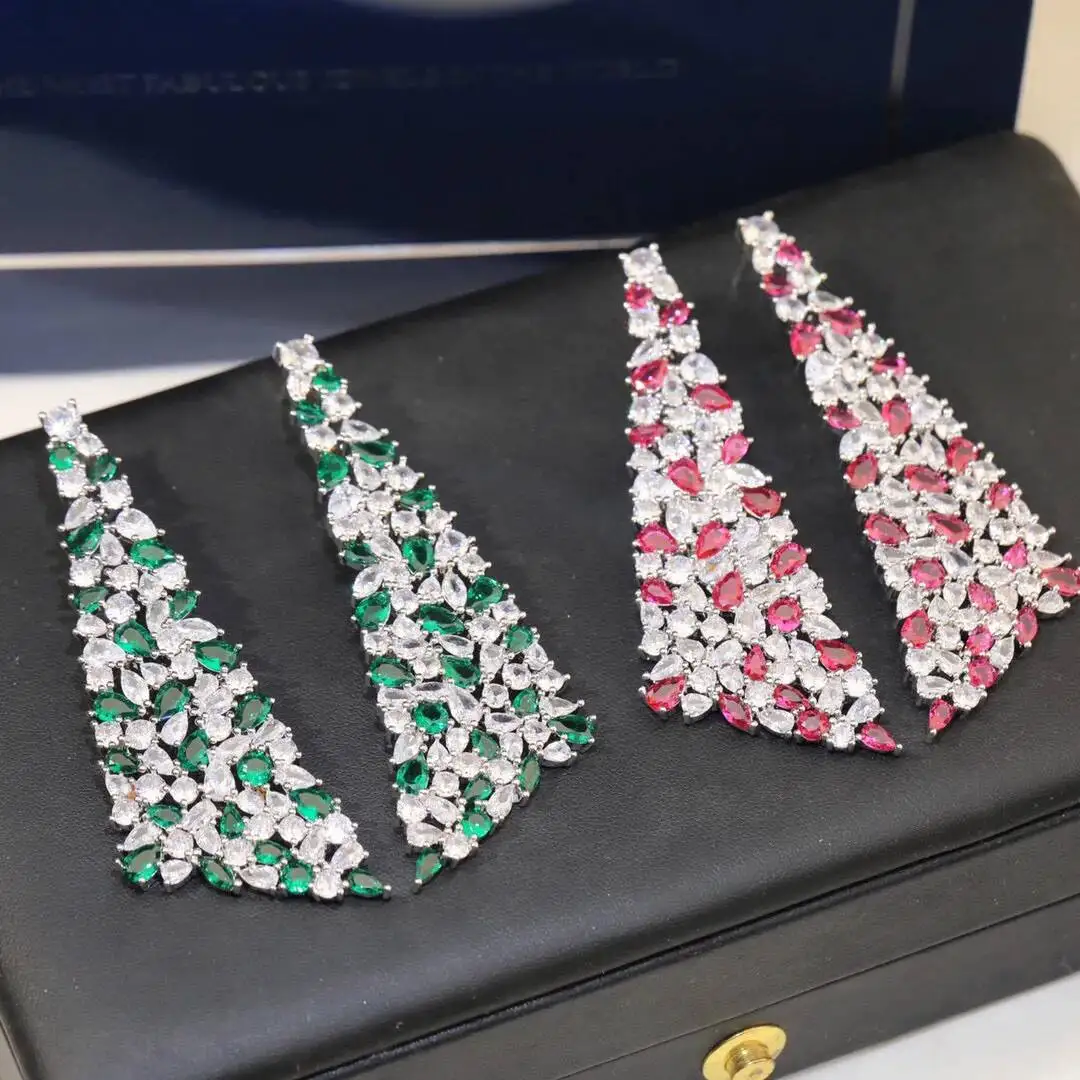 New Pattern Exaggeration Trendy Women's Earrings Anti Allergy Blue Water Drop Triangle AAA Zircon Shining  Luxurious  White Love