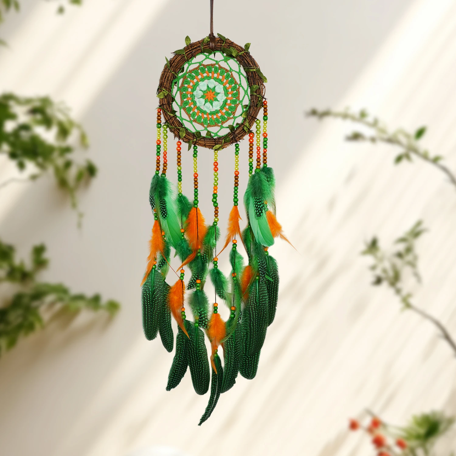 Boho Woven Dream Catcher with Crochet Flower Leaves Gradient Feathers Handmade Wall Hanging Wind Chimes Home Decor for Gifts