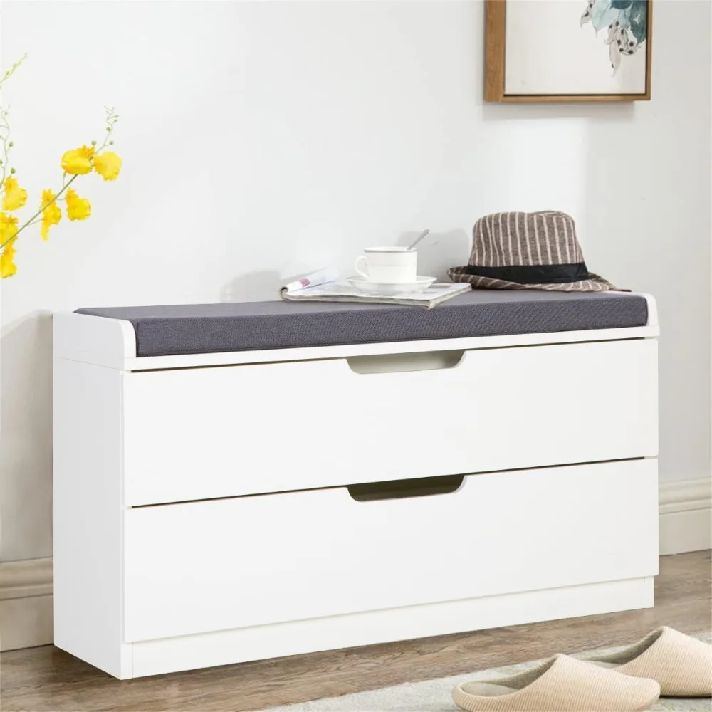 

Shoe Storage Bench with Padded Seat Cushion, Premium MDF Benches with 2 Drawers for Entryway, Hallway, Bedroom - White