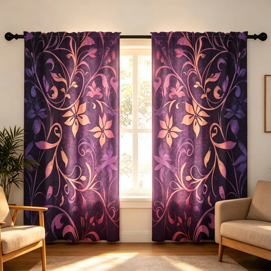 2PCS Digital Print  Curtain, Iridescent Purple Vine Shadow, Modern Home Decor  Curtain for Bedroom Living Room