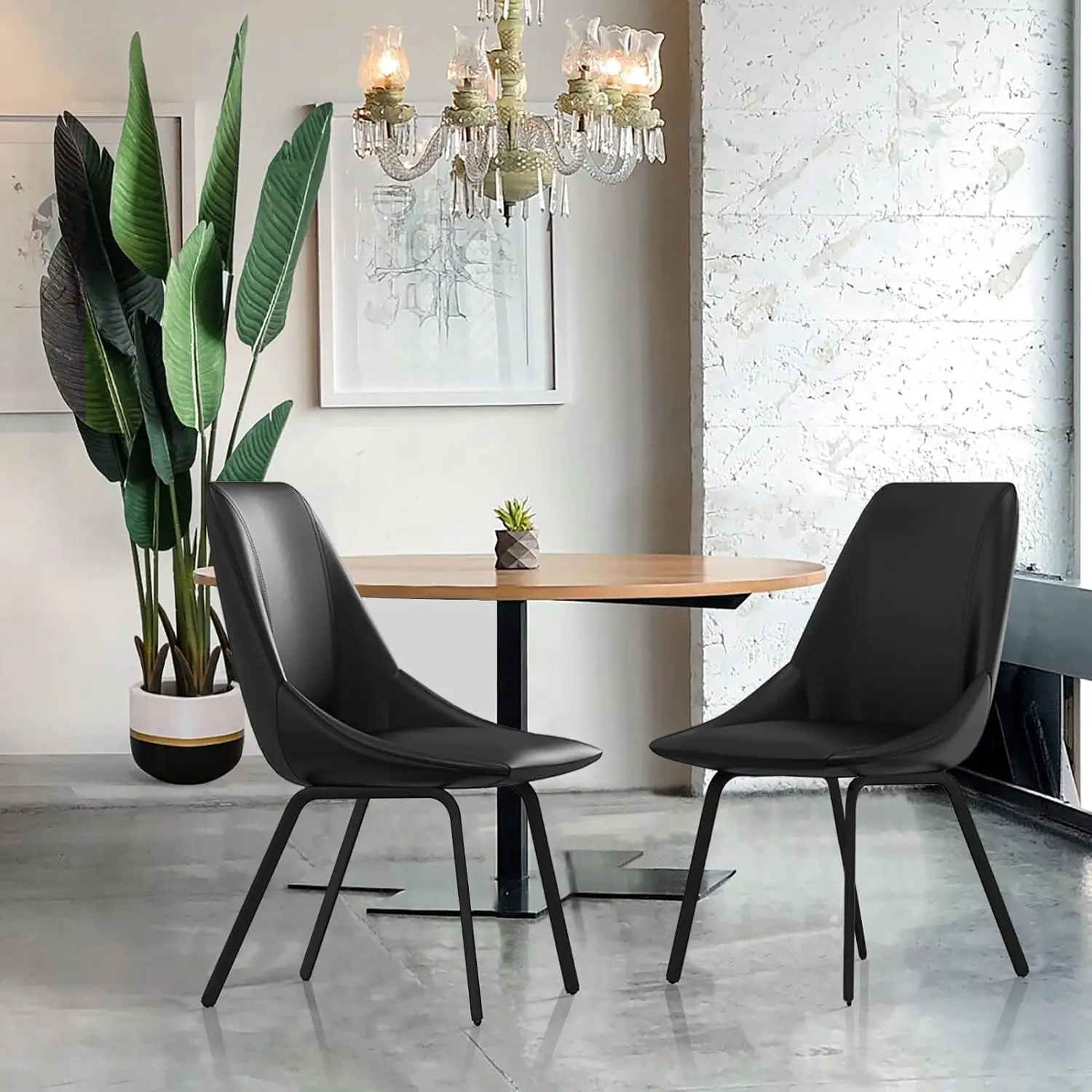 Urban Modern Dining Chairs in Black Leather, Metal Legs Kitchen Chair for Dining, Living Room, Bedroom Side Chairs, Set of 2