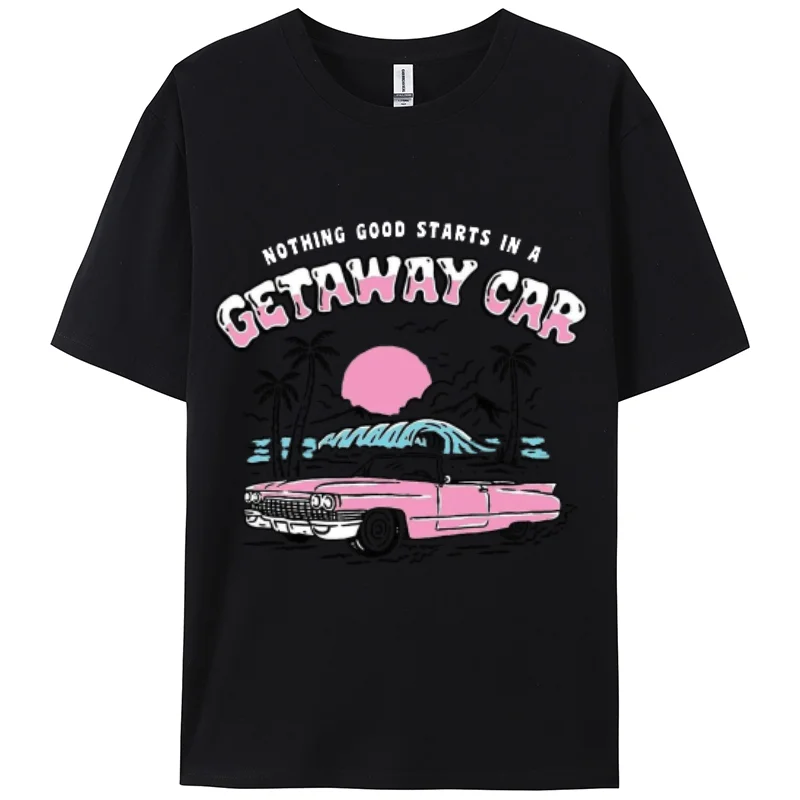 100% Cotton Women's T-Shirt Pink Car Beach Print Summer Cool Oversized Short Sleeve Fashion Casual Top Men