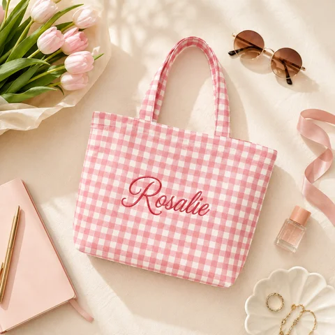 Custom Name Embroidered Plaid Tote Bag Personalized Canvas Shoulder Handbag Large Capacity for Women College Shopping Daily Use