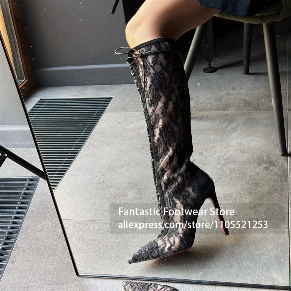 Lace Knee High Stiletto Boots Pointed Toe Lace up Front Sheer Floral Pattern Boots Elegant Style Party Heels for Fashion Looks