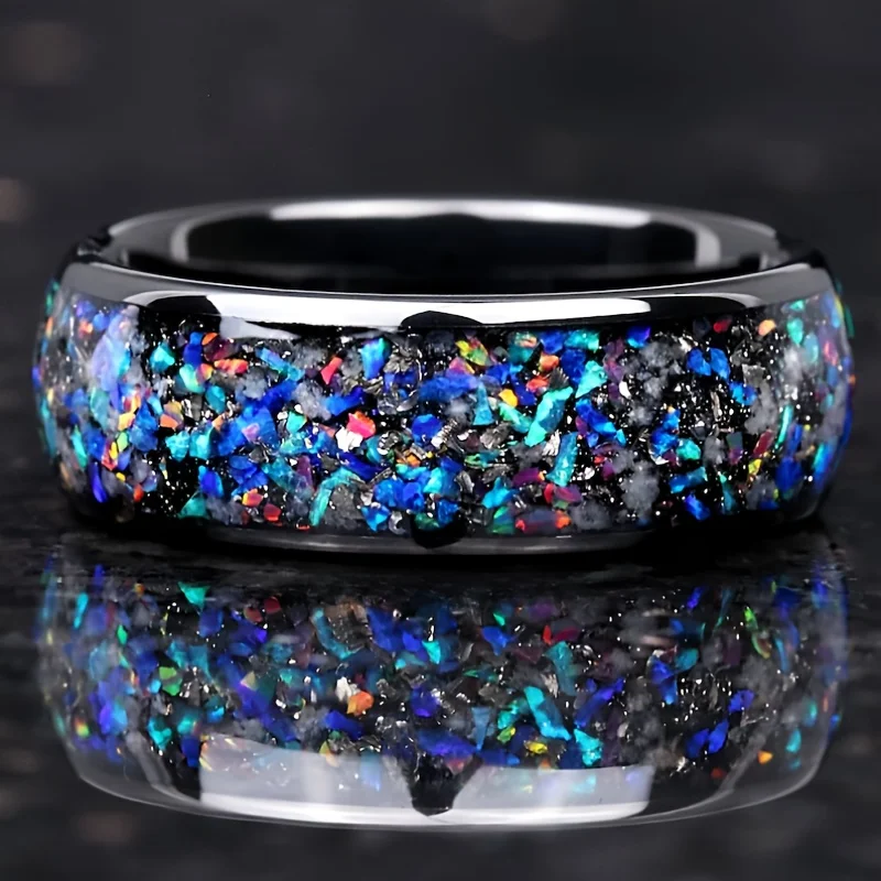 Fashion, Personality, Fashion, Men's and Women's Colorful Blue Opal, Black Tungsten Alloy Engagement Ring