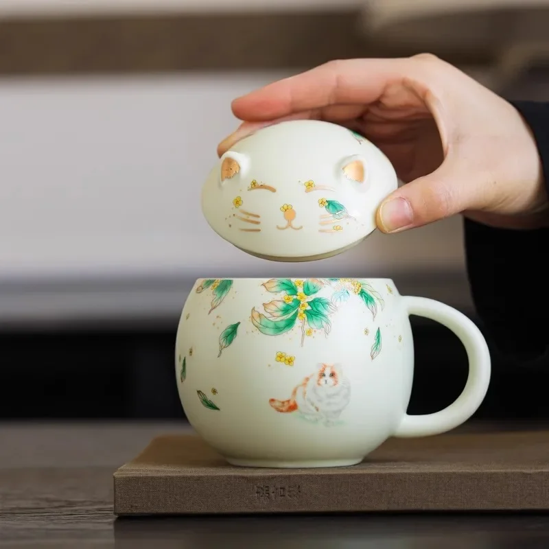 Fresh White Jade Yellow Osmanthus Cat Cute Tea Cup Personal Office Home Brewing Mug Tea Cup Chinese Home Decor Use