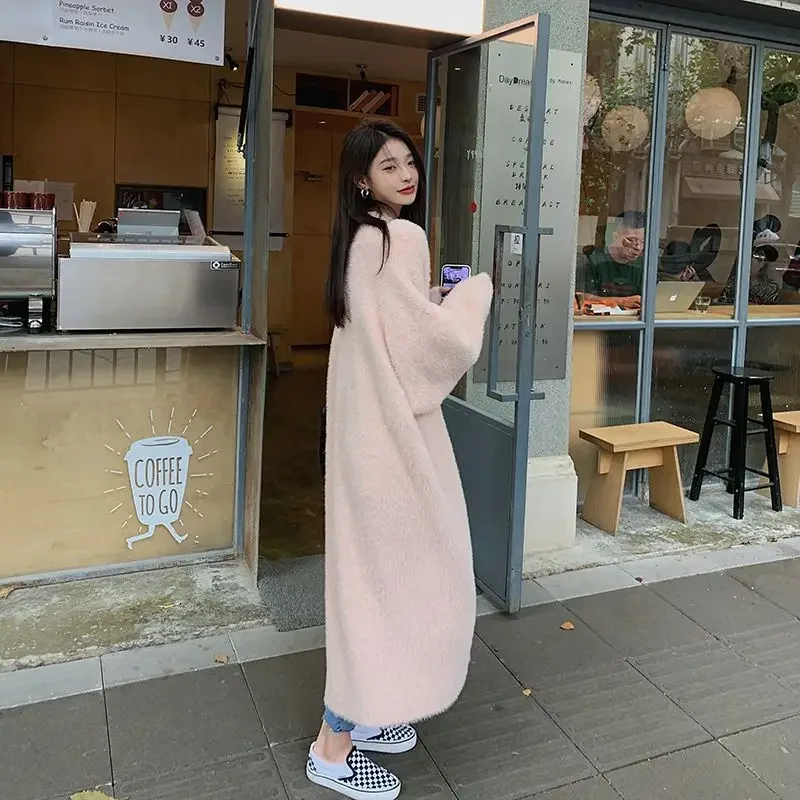 

Long Knitted Cardigan Jacket Women's Autumn Winter Pink Soft Loose Lazy Mink Cashmere Cardigans Sweater korean fashion Clothing