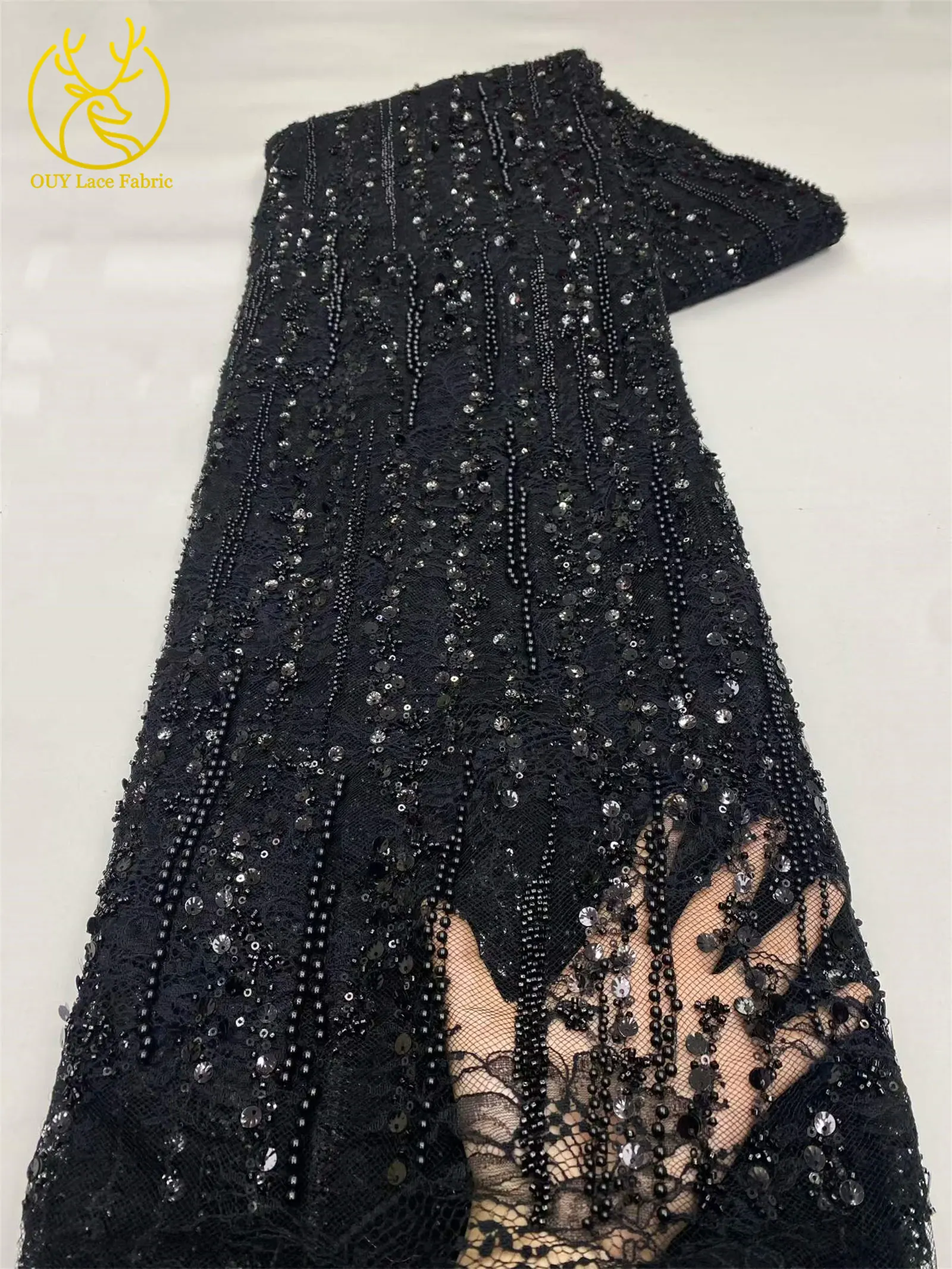 Afrikanischer Spitzenstoff, hochwertige französische Stickerei, Perlen, Pailletten, Tüll, Netzspitze für Frauen, Hochzeitskleid, Nähzubehör, 5 Yards – Detail 9