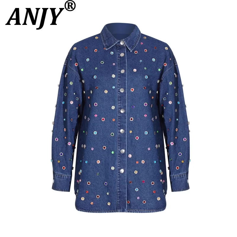 

ANJY Autumn Winter Women Unique Elegant Denim Two-Piece Set Heavy Beaded Fashion Jacket Versatile Trend Personality Jeans A12845