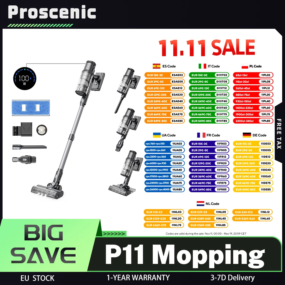 Aspirateur sans fil Proscenic P11, systme de filtration en 5 tapes, batterie 2000 mAh, aspiration 35 Kpa, poubelle 0,65 L, LED