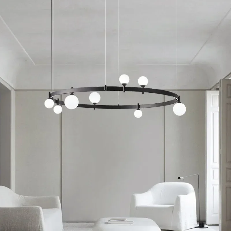 LED Designer Style Parlor Chandelier Ring White Glass Wire Adjustable Dining Room Bedroom Minimalist Hanglamp Art Decor G4 Bulb