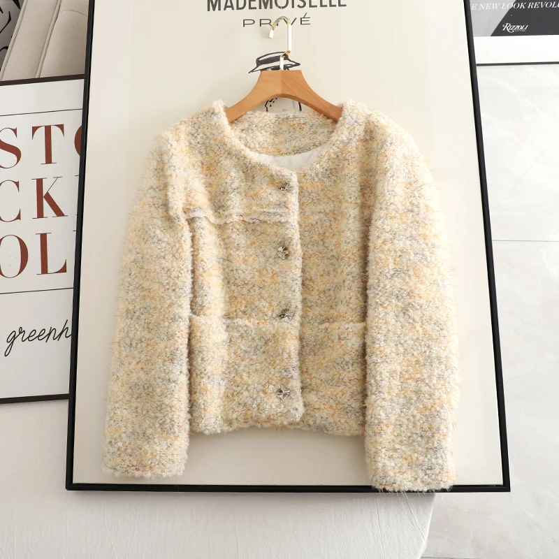 

Elegance Lady Yellow Small Fragrance Woolen Looped Pile Long- Sleeve Coat Autumn Winter Thickened Warm Wool Coat Women Clothing