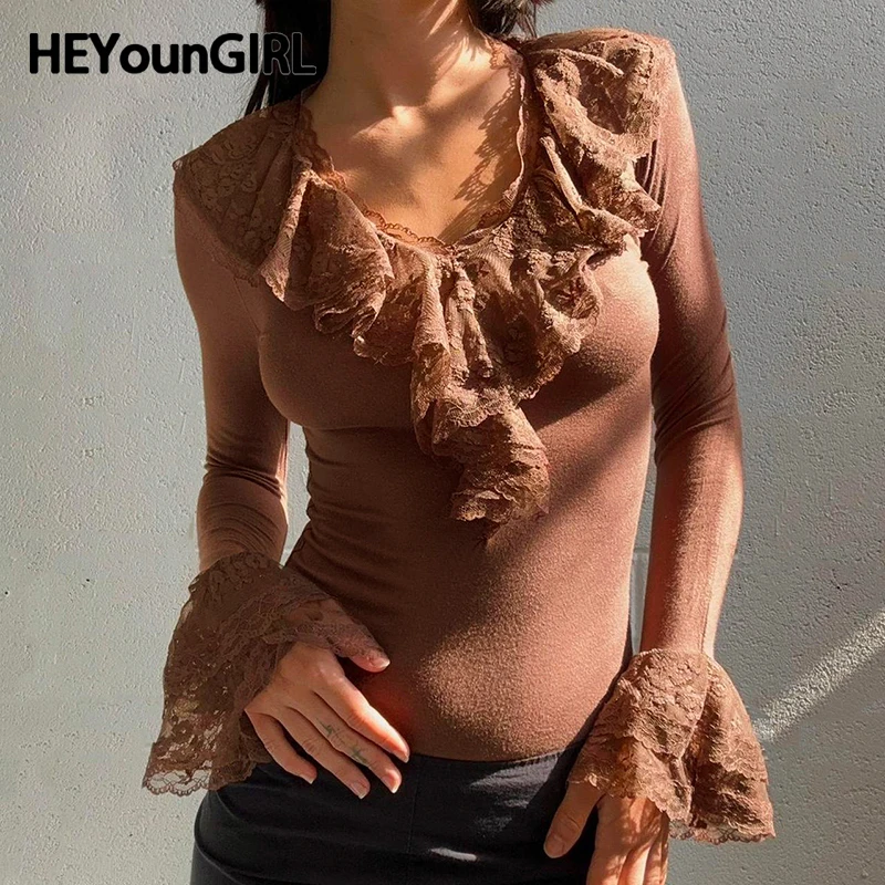 HEYounGIRL Vintage Lace Ruffles Neck Brown T-shirt Y2K Long Sleeve Fitted Top Chic Elegant Stylish 2000s Tee Fall Streetwear