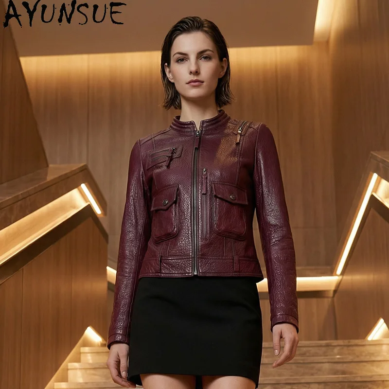 AYUNSUE Women's Sheepskin Jackets Retro Fitted Long Sleeve Tops Real Leather Short Jacket Autumn Motorcycle Style Woman Clothes