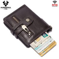 Genuine Leather Credit Card Holder Wallet for Men Anti Scan RFID Smart Aluminum Metal Pop Up Card Case Mini Business Money Bag