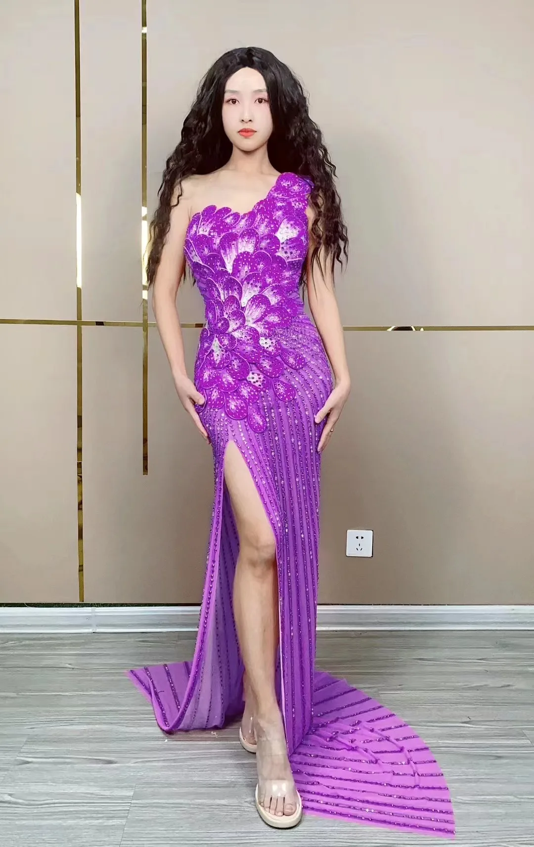 Sexy Pink Rhinetones Flowers Sleeveless Dress Birthday Evening Celebrate Costume Dance Birthday Party Evening Photoshoot Dress