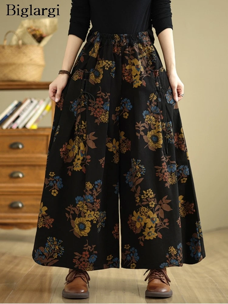 Jeans Retro Autumn Flower Floral Print Fashion Elastic High Waist Ladies Trousers Oversized Long Pant Women Loose Woman Pants