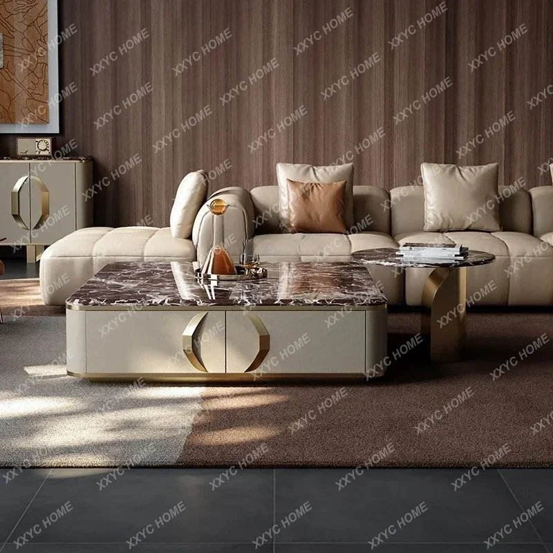 A26 Natural marble coffee table TV cabinet combination, retro, square coffee table
