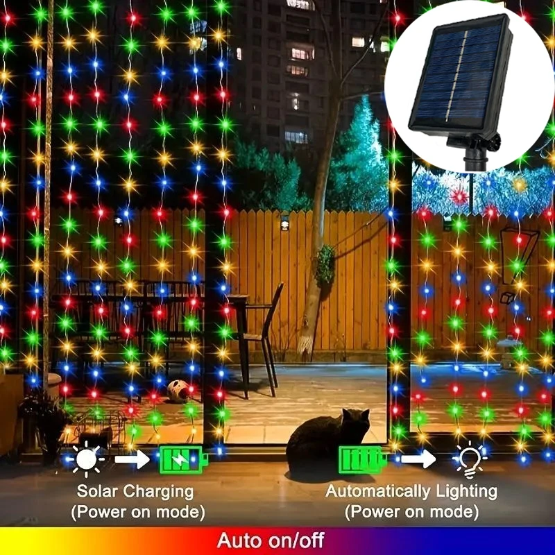 Imagem -02 - Solar Curtain Fairy String Light Decoração do Jardim ao ar Livre Guirlanda de Led Lâmpada de Natal Modos