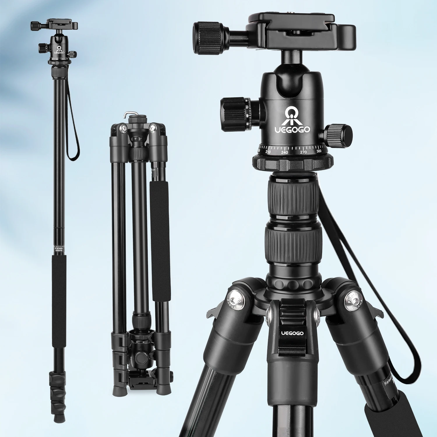 UEGOGO 82.7"/ 210cm 2 in 1 Tripod Monopod, 360°Ball Head, Max. Payload 33lb, Adjustable Height from 19" to 83", for Camera/Phone