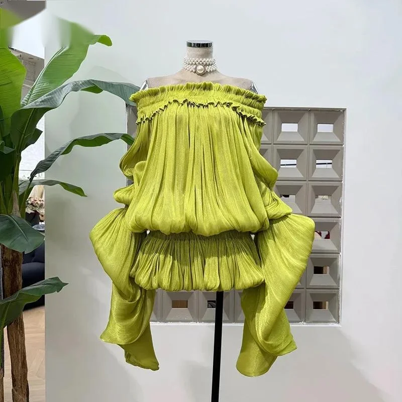 

Apring Autumn Green Off-Shoulder Puff Sleeve Dress Women Loose Long Sleeves Mini Dress Base Shorts Dresses New 3AKINE