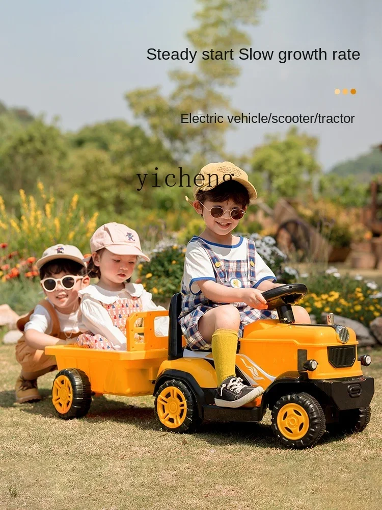 Coche de juguete con tractor eléctrico para niños XL con cubo puede sentarse en cuatro ruedas recargable con coche de Control remoto