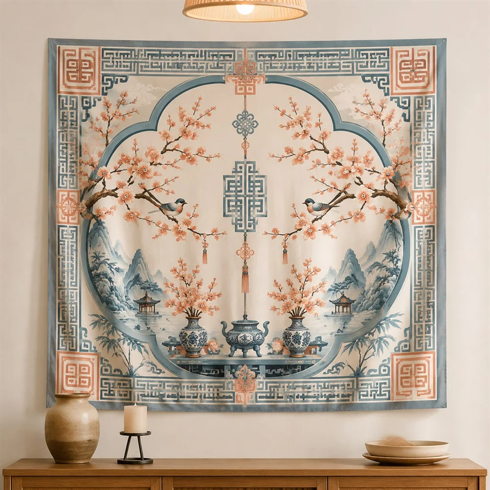 VIKAMA Chinese Fret Pattern Mirror Symmetric Tapestry Wall Hanging, Oriental Wall Decor Tapestries for Living Room Bedroom