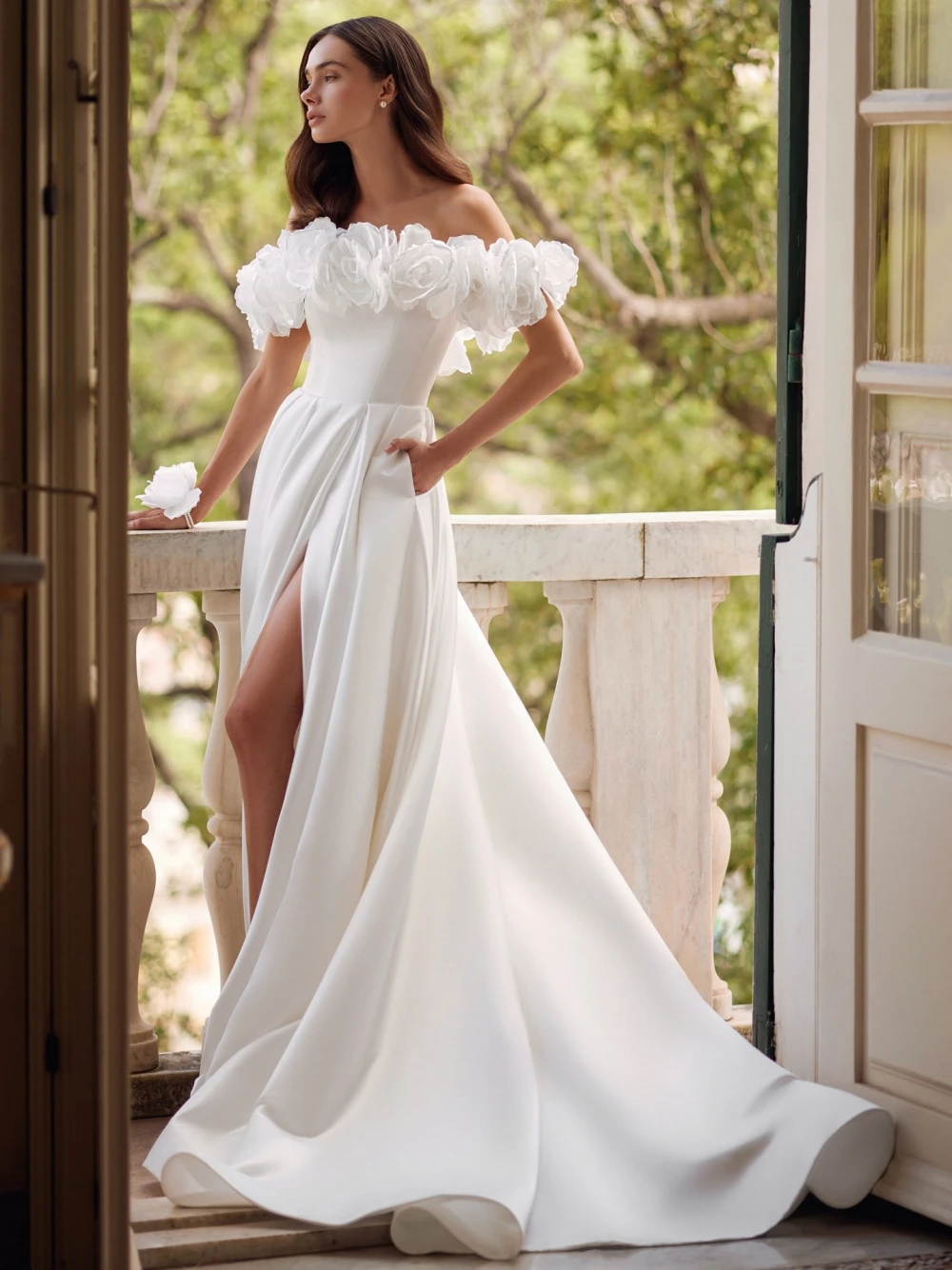 Elegante vestido De novia largo con hombros descubiertos, Túnica De novia clásica con flores 3D, satén Vintage, línea A, 2024