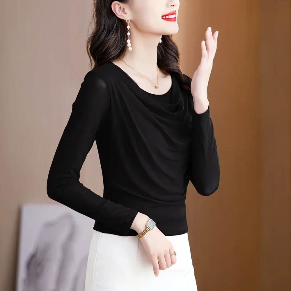 Fashion Simplicity Women's Solid Color Fold O Neck T-shirt Elastic Slim Mesh Perspective Top Office Ladies Shirt Female Clothing