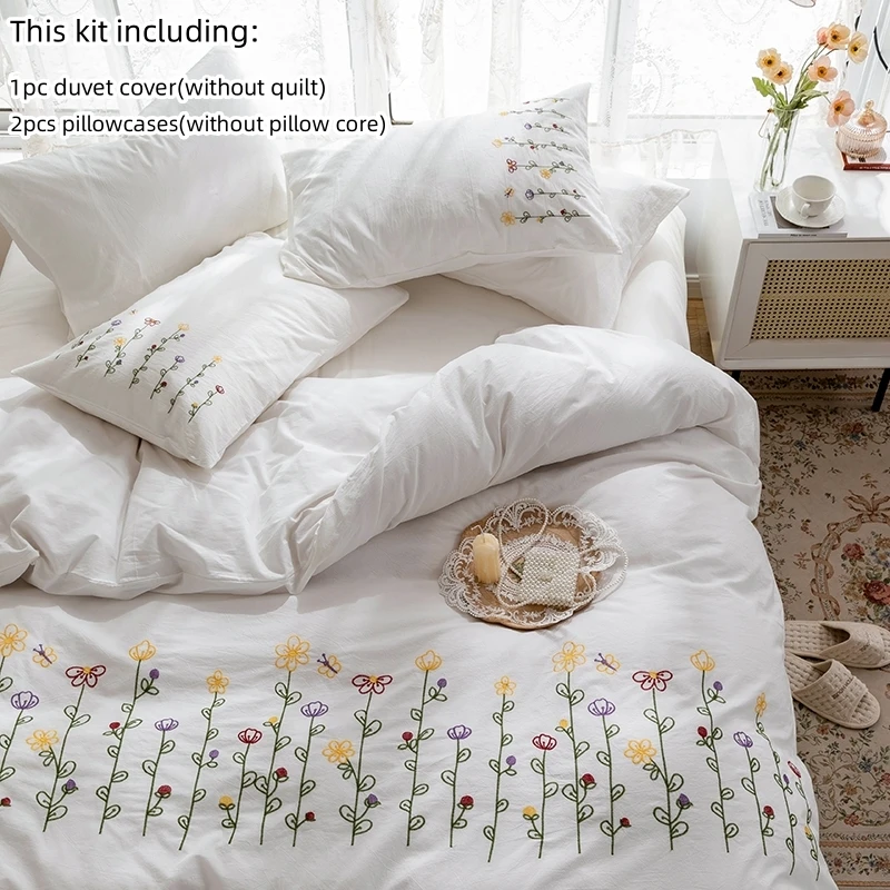 3pcs  Embroidery Duvet Cover Set (1*Duvet Cover + 2*Pillowcase, Without Core), Fresh Flower Print Bedding Set, Soft Comfortable
