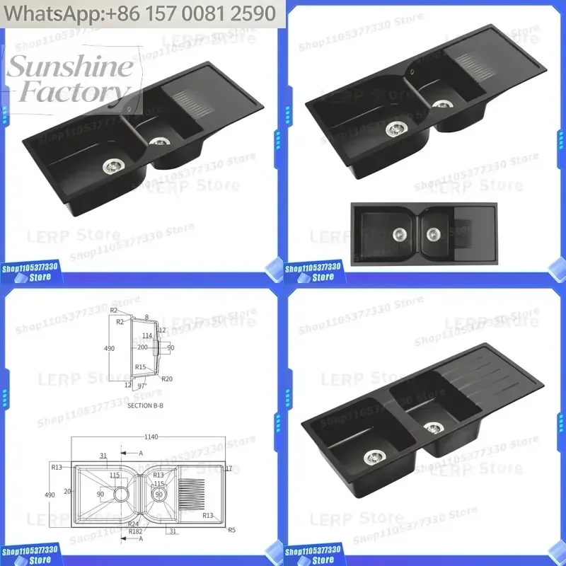 Black Double Bowl Quartz Stone Kitchen Basin Kitchen Sink With Drainboard