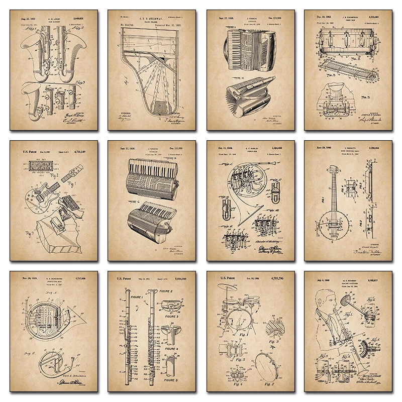 Musical Instrument Blueprint Poster Piano Stand Drum Accordion Canvas Printing Wall Art Decoration For Living Room Home Decor