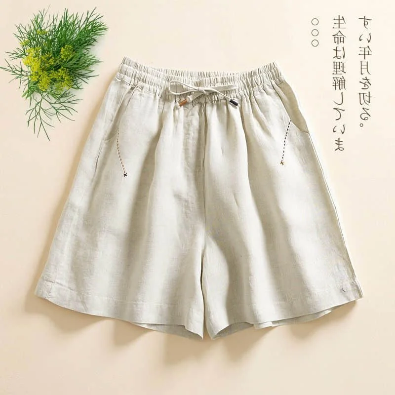 

Solid Shorts Casual 2026 Summer Vintage Cotton-linen Embroidery A-line Wide Leg Pants Casual Cargo Shorts Loose Women Clothing