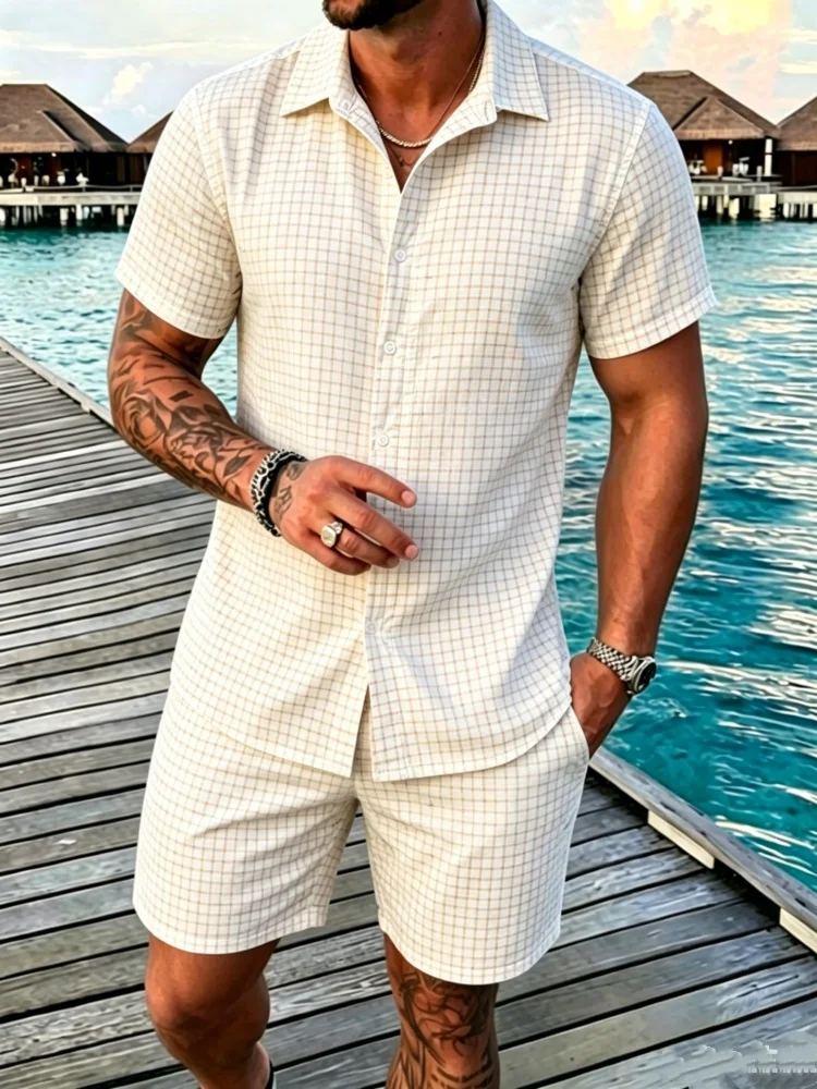 

Men's Short Sleeve Lapel Shirt & Shorts Set, Loose Comfort Plaid Print Casual Summer Outfit