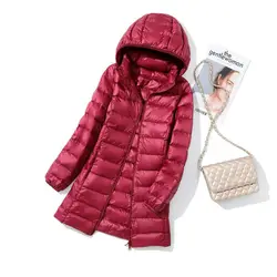 Stylish European and American Women Long Down Jacket with Detachable Hood Perfect for Casual and Commuting Lightweight and Warm