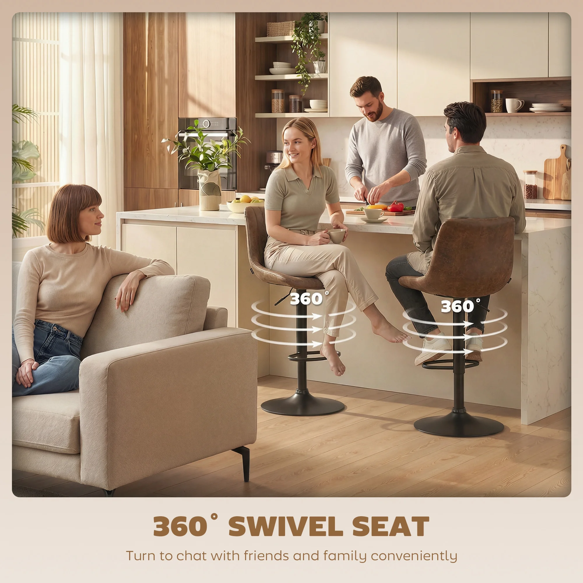 HOMCOM Set Of 2 Microfibre Retro Tub Bar Stools Metal Frame Footrest Seat Brown