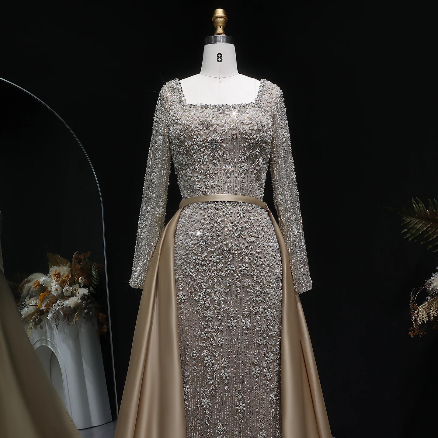 Sharon Said Champagner Meerjungfrauen-Abendkleid mit langen Ärmeln, Überrock, Perlenbesatz, Arabian Nights Ballkleid, formelles Kleid SS119, maßgeschneidert – Detail 14