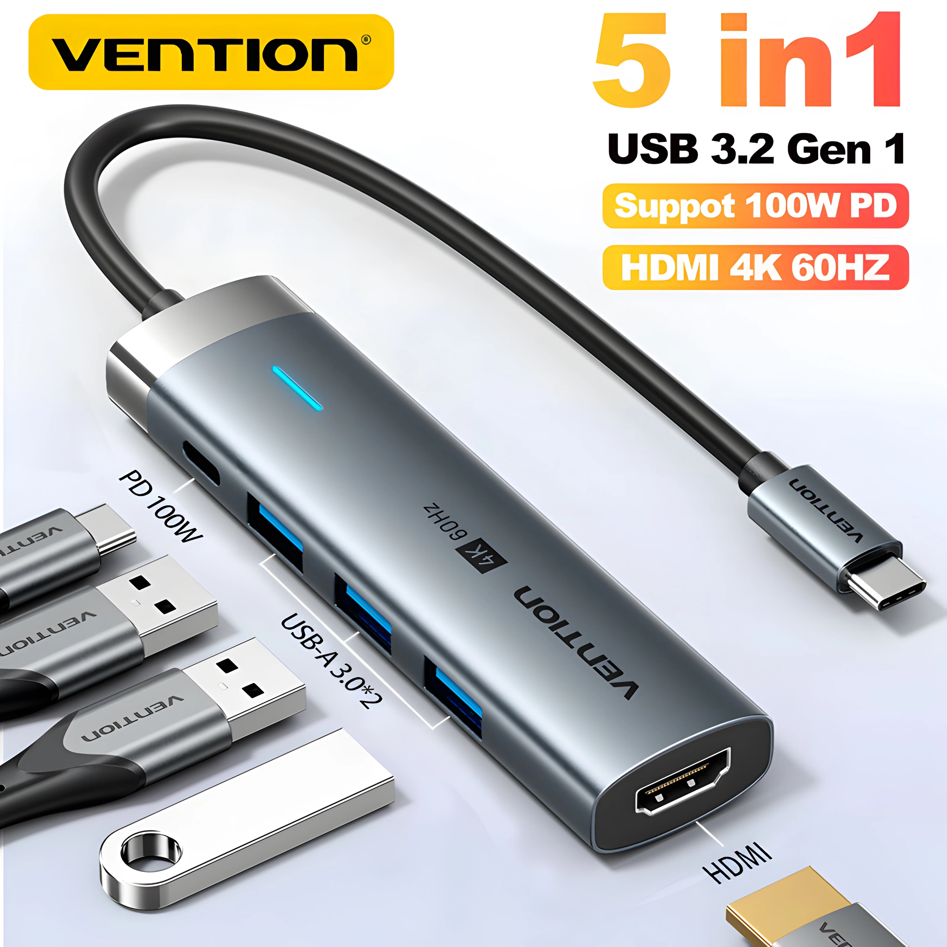 Vention 5 in 1 USB C 3.2 3.0 HUB 4K 60Hz HDMI 100W Adapter Splitter Multiport Expansion for MacBook Pro Samsung Xiaomi PC Laptop