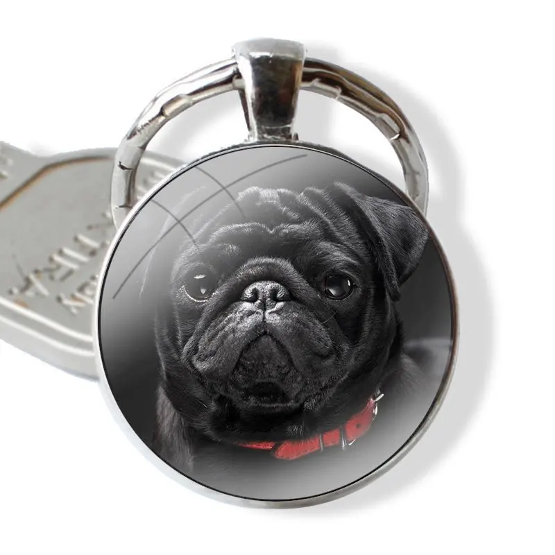 Cute Black Pug Dog Keychain Glass Cabochon Metal Pendant Classic Men\'s Women\'s Keyring