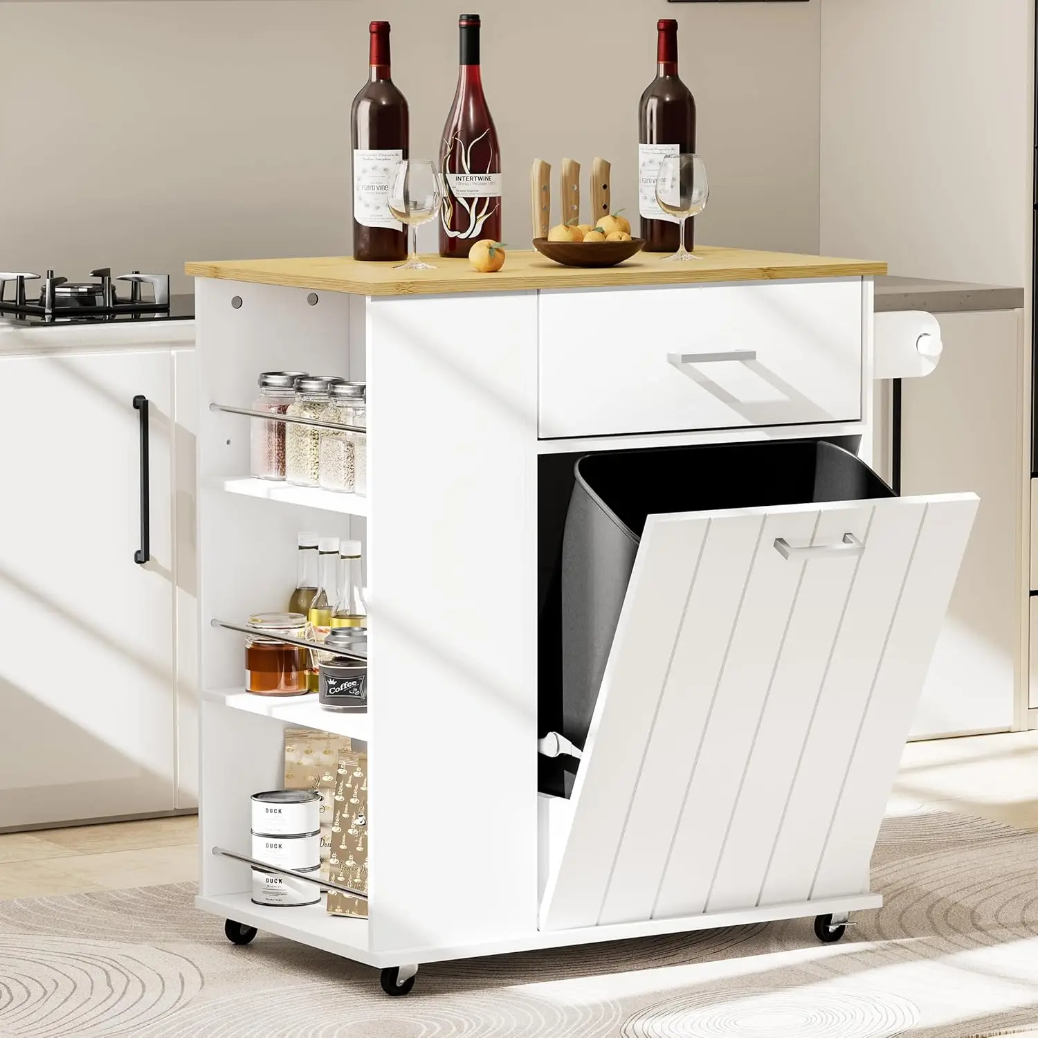 

Rolling Kitchen Island with Trash Can Storage, Portable Kitchen Island on Wheels, Tilting Trash Can Cabinet with Drawers