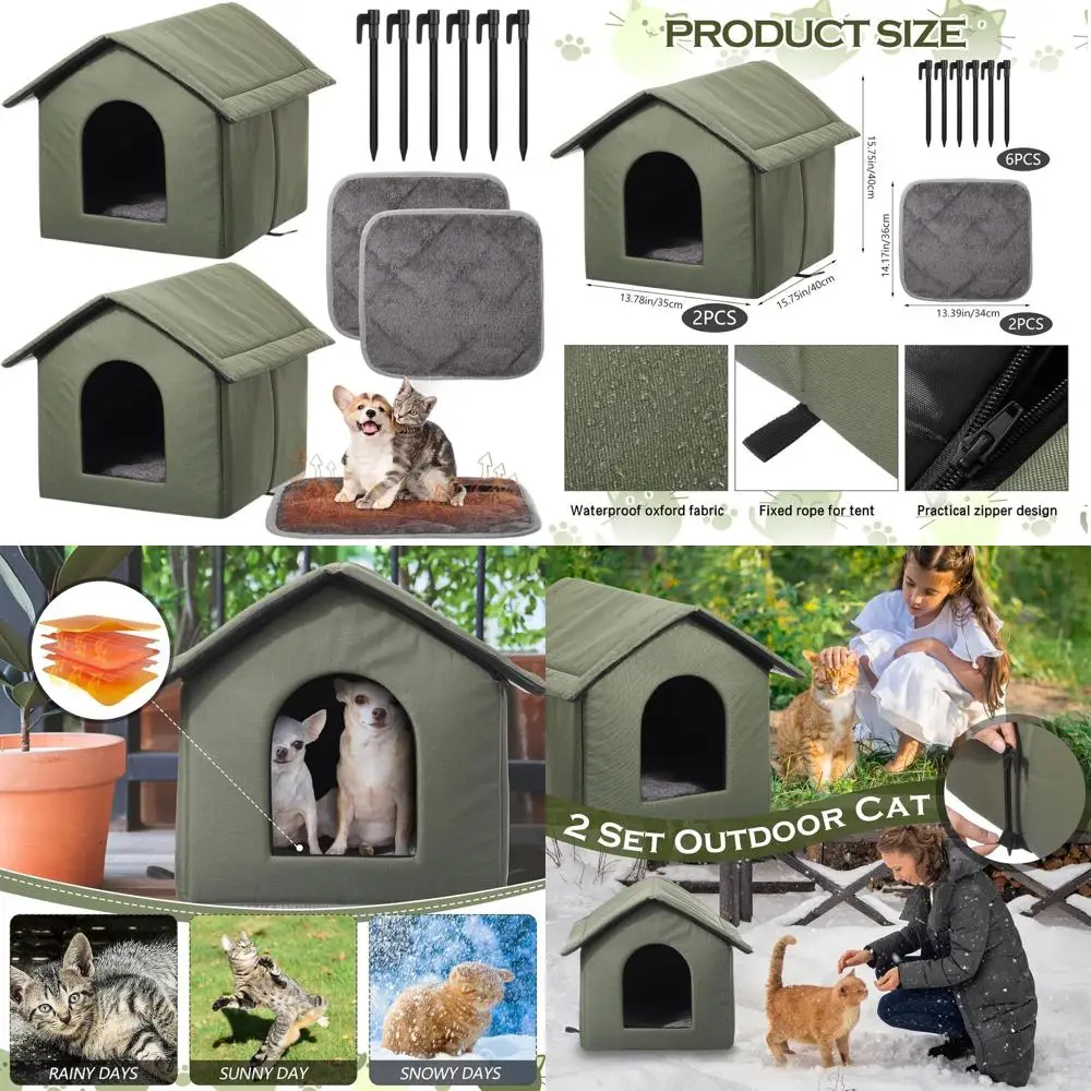 

Dual Outdoor Cat Shelter with Integrated Heating Pad, 15.8 Waterproof for Stray Animals, Green