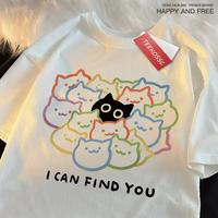 I Can Find You Letter Printing Fun Cat Print Women Fashion Oversize T-Shirt Summer 100% Cotton Clothing Loose Fashion Casual Top