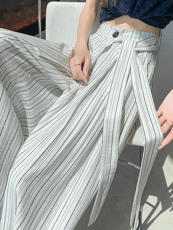 

Casual Striped Pants Women's High Waist Straight Leg Drapey Design Summer 2026 New Style Trousers with Pocket Polyester Fiber