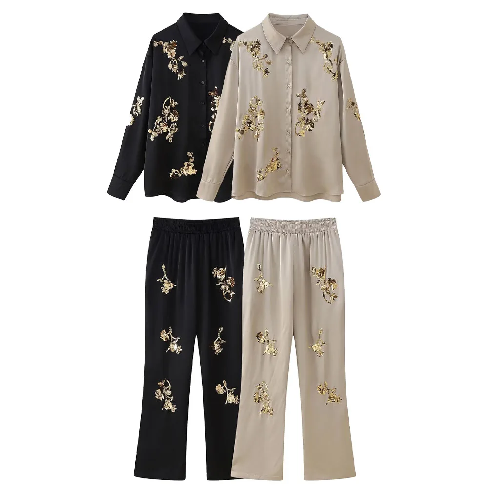 

BWQ 2025 Summer New Product Women's Satin Texture Sequins Heavy Industry Embroidered Shirt High Waist Long Pants Set