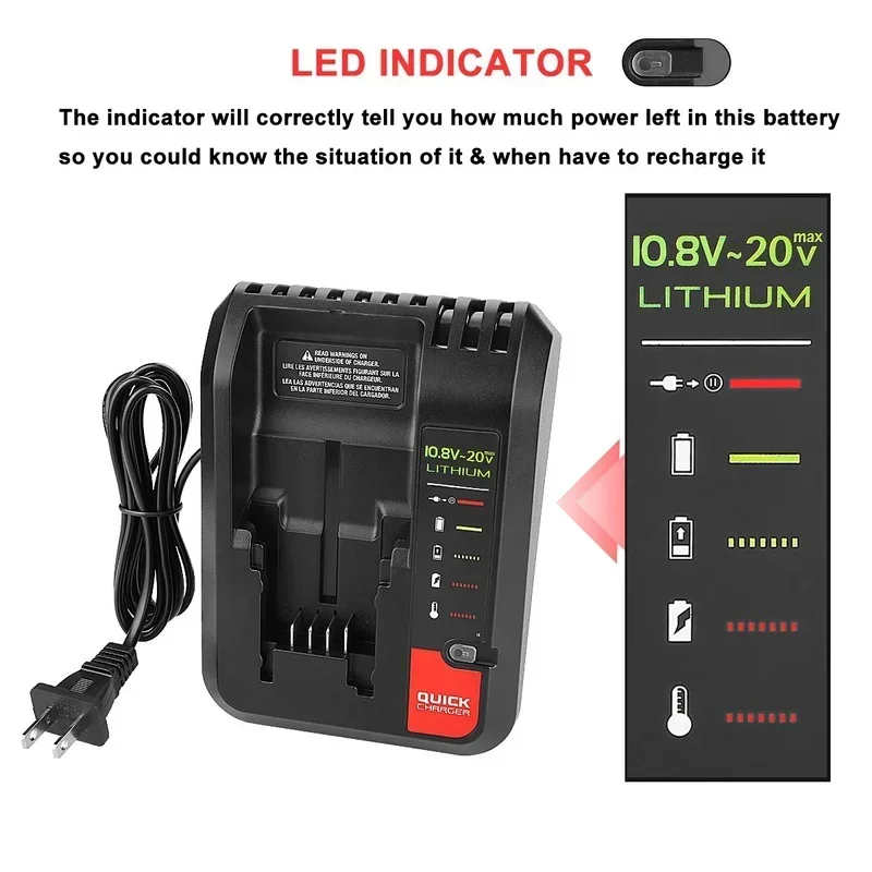 20V Charger For Black&Decker Li-ion Battery Charger For Porter Cable/Stanley 18V L2AFC Electric Drill Screwdriver Tool Battery