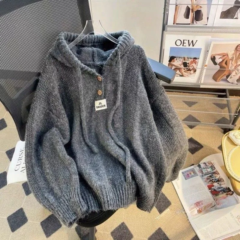 Beige Color Hooded Sweater with Autumn And Winter Korean Loose And Lazy Style Soft And Thick Drawstring Knit Hoodie Top Female