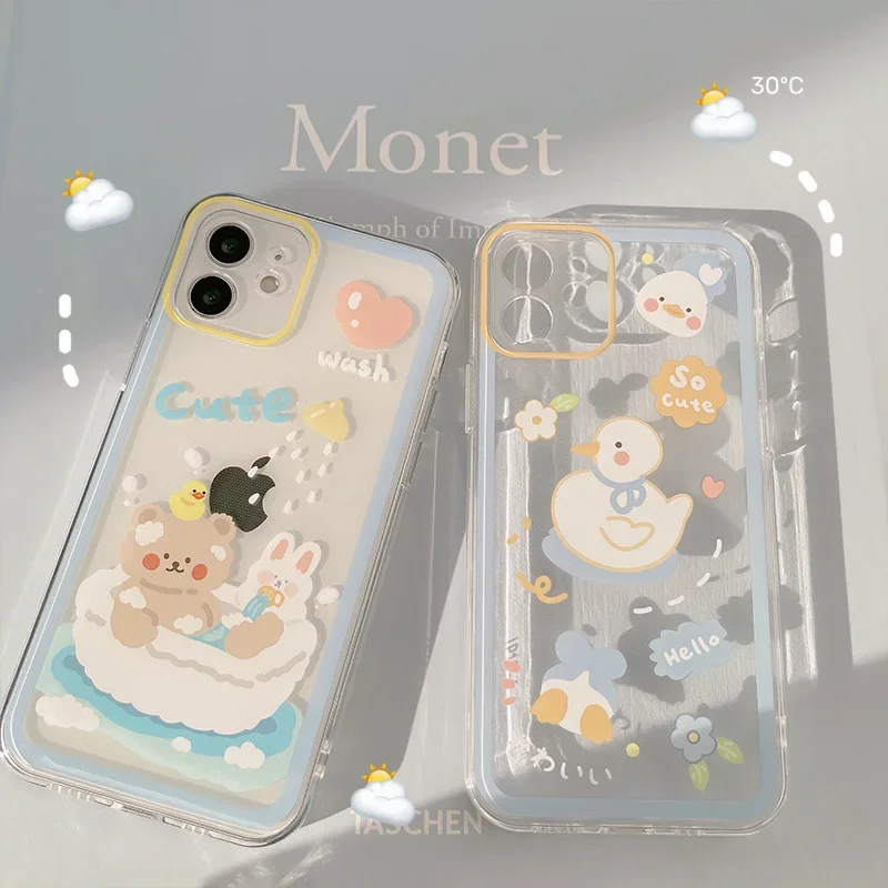 Retro smile wash bath bear kawaii Japanese Phone Case For iPhone 16 15 14 13 11 12 Pro Max 14 Plus Xr 15 16 Plus case Cute Cover