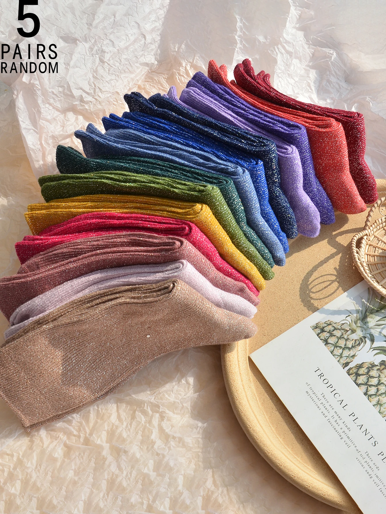 

5 pairs random of sequins pearlescent gole thread warm Women's Mid-Calf Socks