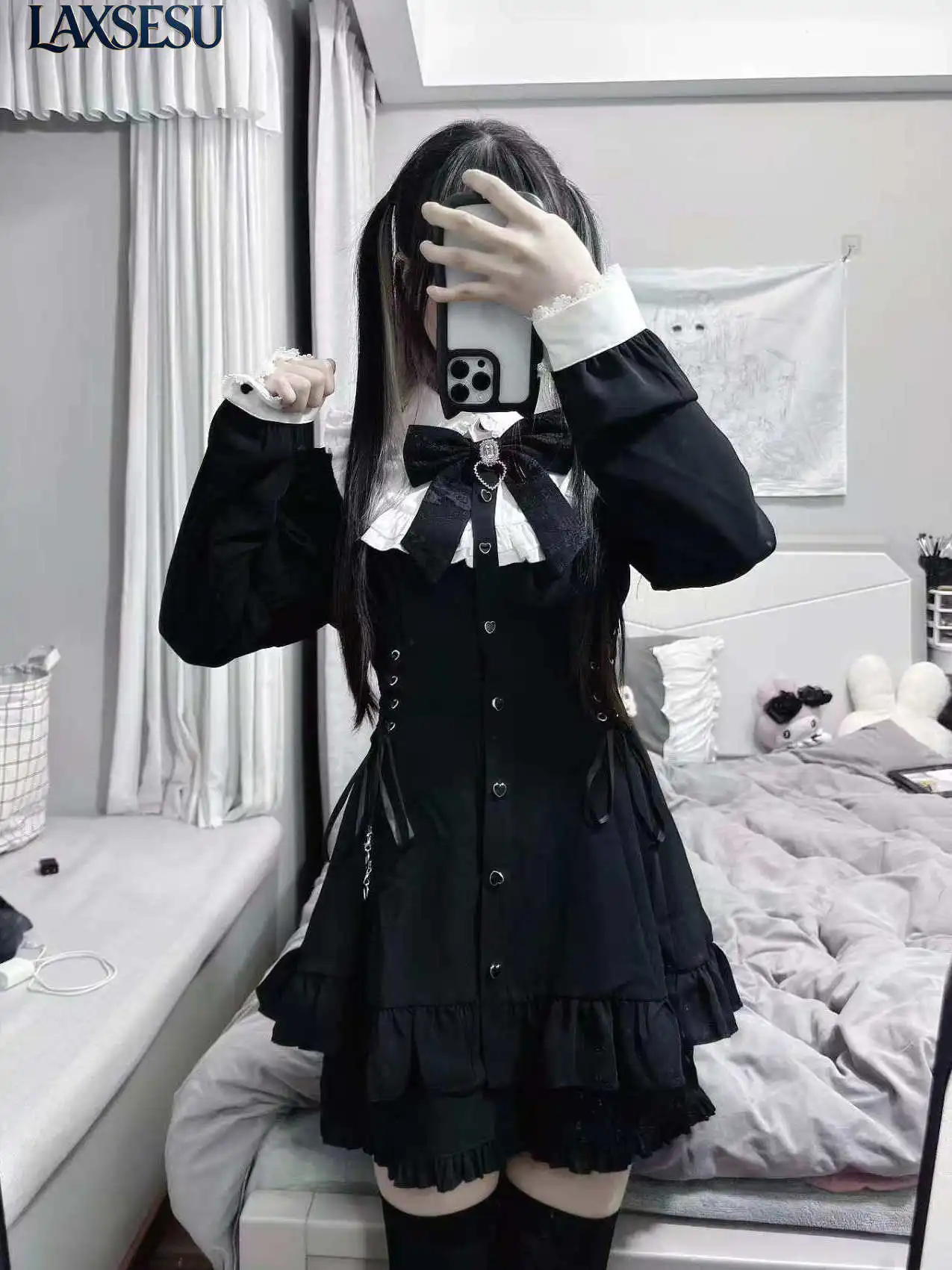 Subcultural Dark Style Black and White Bow Long Sleeved Dress with Cinched Waist and Ruffled Edges Lolita Skirt Two-piece Set