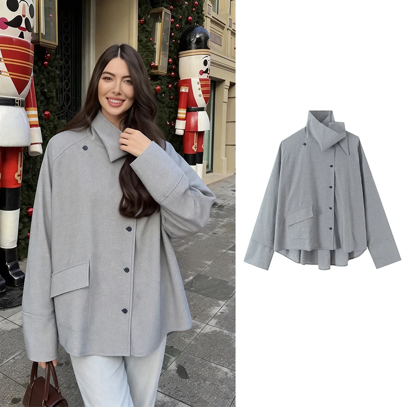 

Женская рубашка с карманами и принтом в полоску, весна-осень 2026, модная винтажная модель с воротником-шарфом, длинными рукавами, повседневная, элегантная, свободного кроя